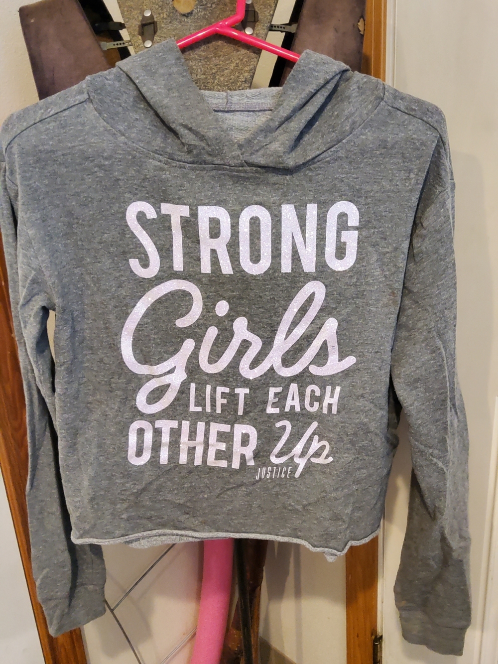 Justice Gray Cropped Hoodie with White Glitter 'Strong Girls' Graphic